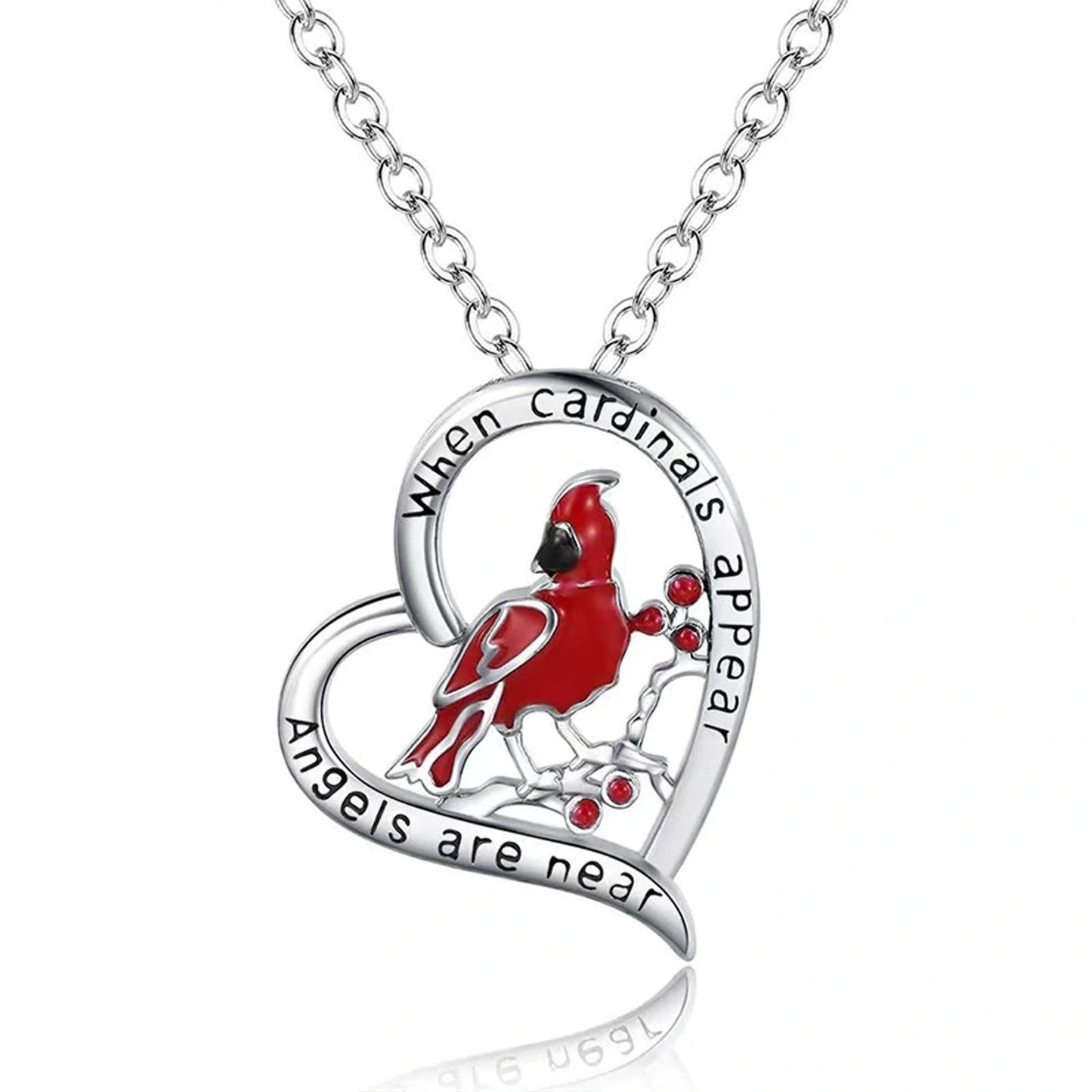 Heart-shaped cardinal pendant necklace in silver, unisex animal model jewellery