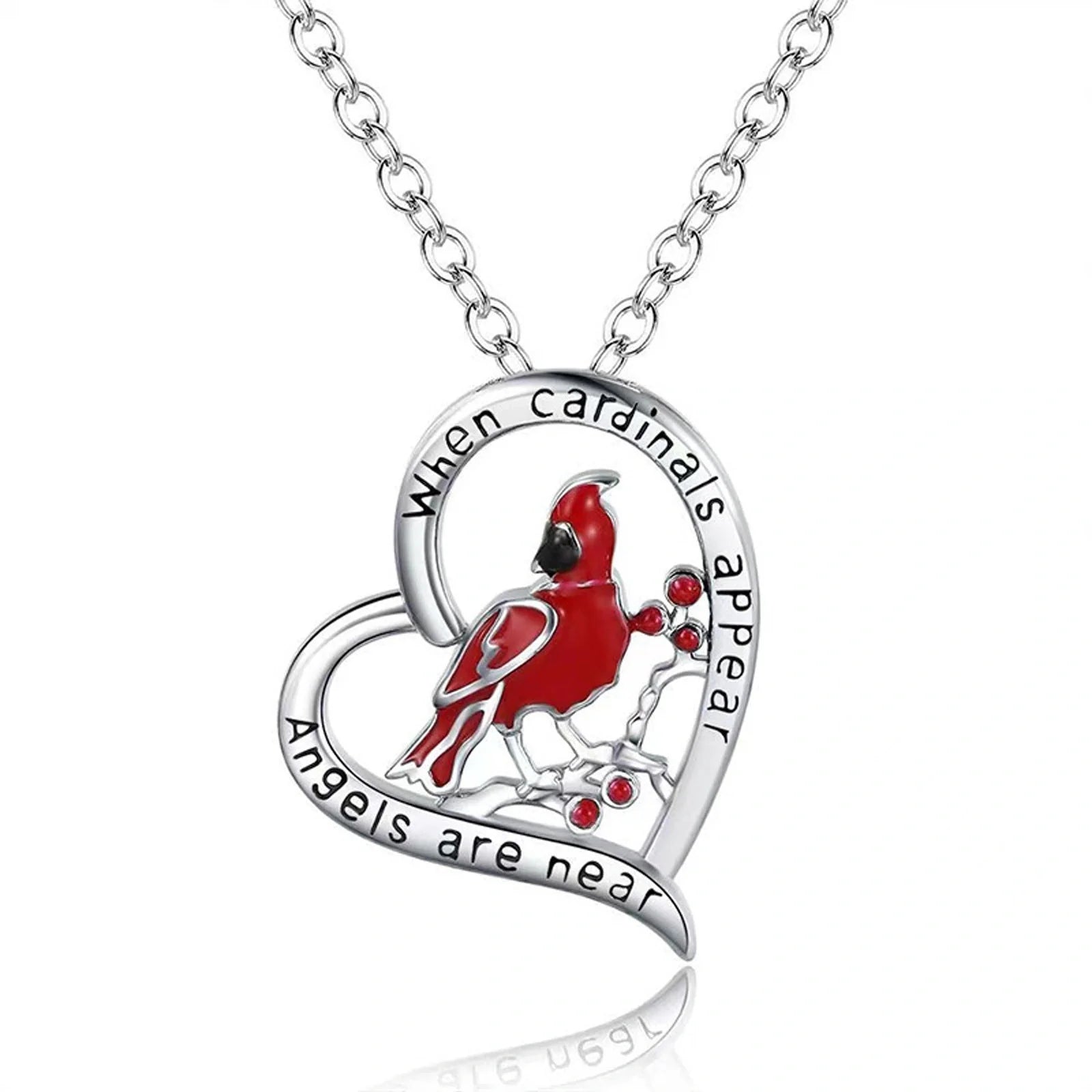 Heart-shaped cardinal pendant necklace in silver, unisex animal model jewellery