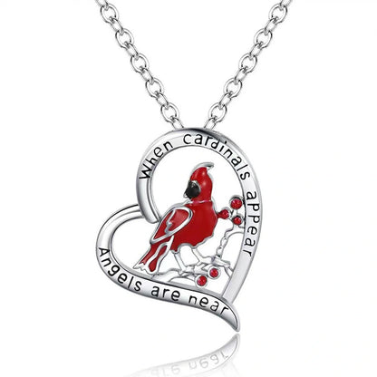 Heart-shaped cardinal pendant necklace in silver, unisex animal model jewellery