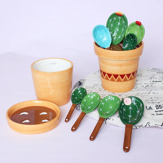 Ceramic measuring spoons set with wave-patterned base and color-coded spoons for precise ingredient portioning in the kitchen