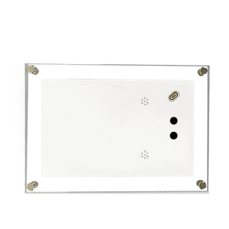 Stylish digital picture frame with acrylic exterior, supporting full HD video playback, automatic content recognition, and dual-speaker audio system