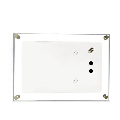 Stylish digital picture frame with acrylic exterior, supporting full HD video playback, automatic content recognition, and dual-speaker audio system