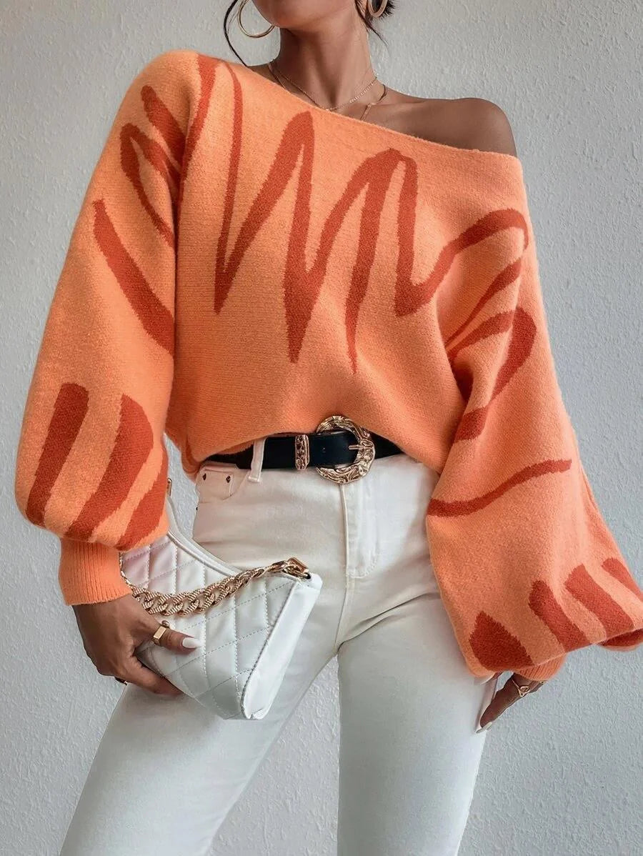 Women's lantern-sleeved pullover sweater with printed design in various colours