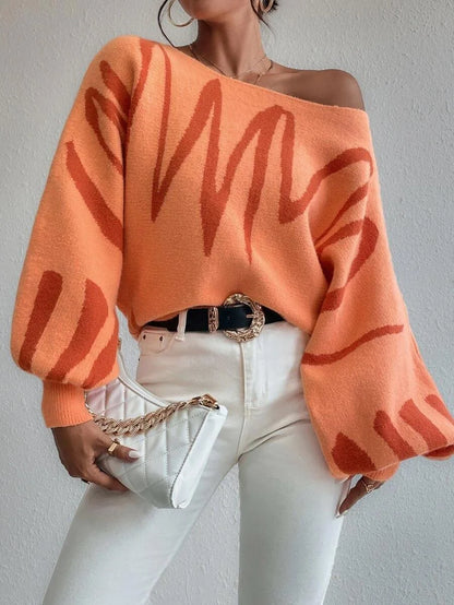 Women's lantern-sleeved pullover sweater with printed design in various colours