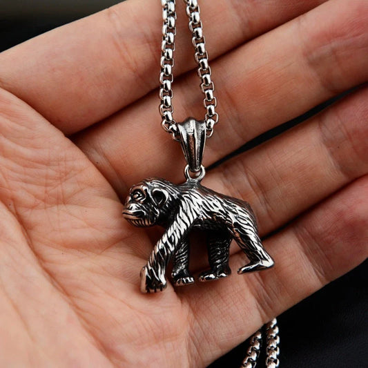 Geometric titanium steel pendant necklace with gibbon monkey design