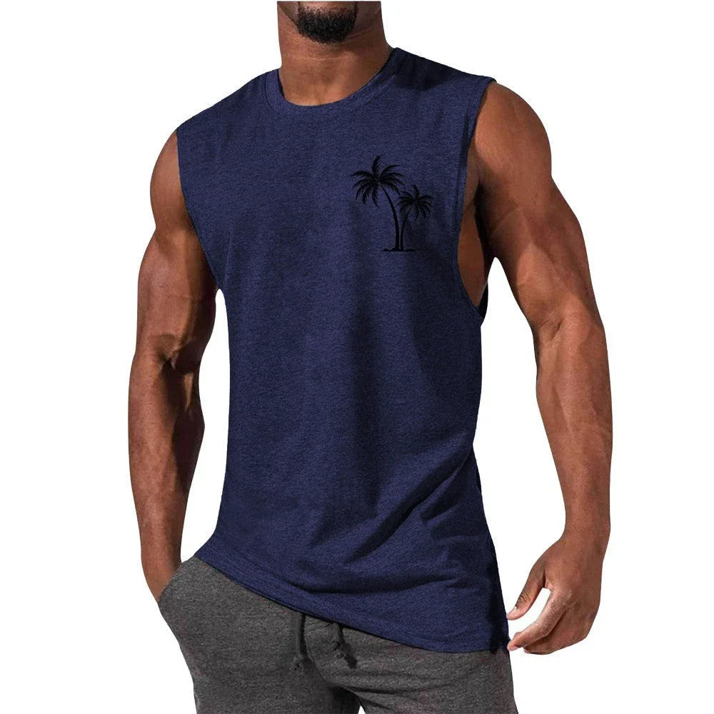 Tropical coconut tree print workout tank top for men, made with breathable, moisture-wicking fabrics for an active lifestyle.