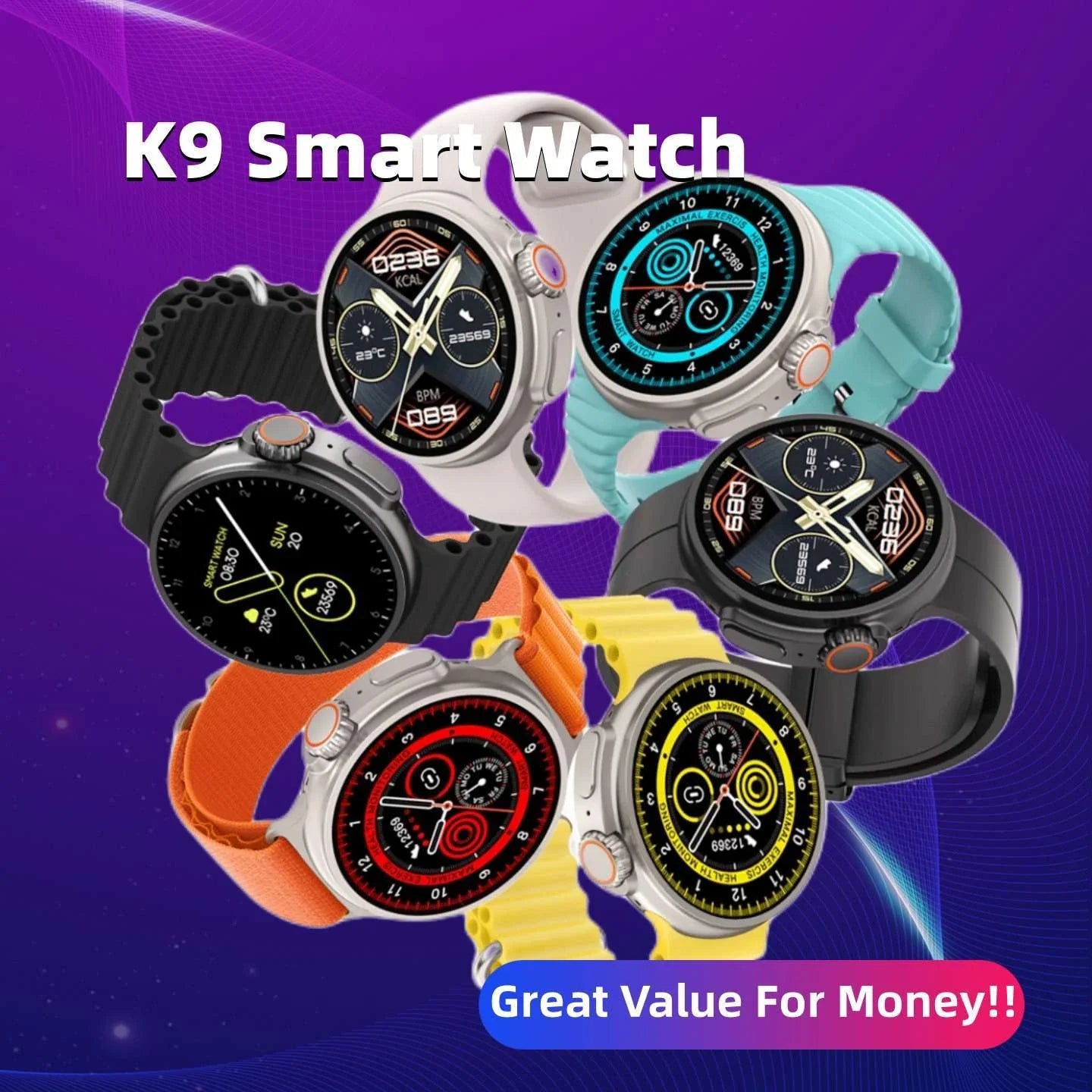New K9 Smart Watch with 1.39-inch round screen, wireless charging, NFC payment, and comprehensive health monitoring features