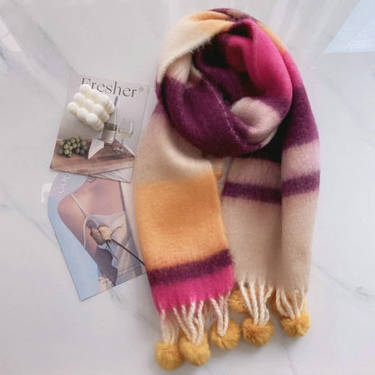 Vibrant rainbow mohair tassel scarf for warmth and style