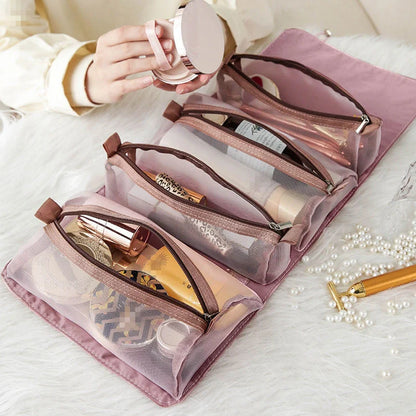4-in-1 detachable cosmetic bag in green, pink, or black with waterproof material
