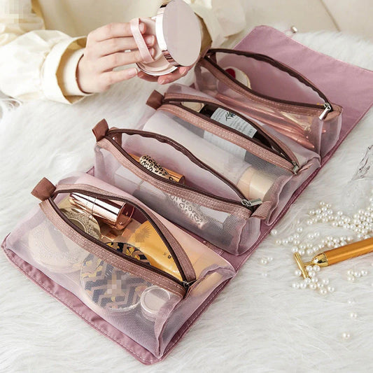 4-in-1 detachable cosmetic bag in green, pink, or black with waterproof material