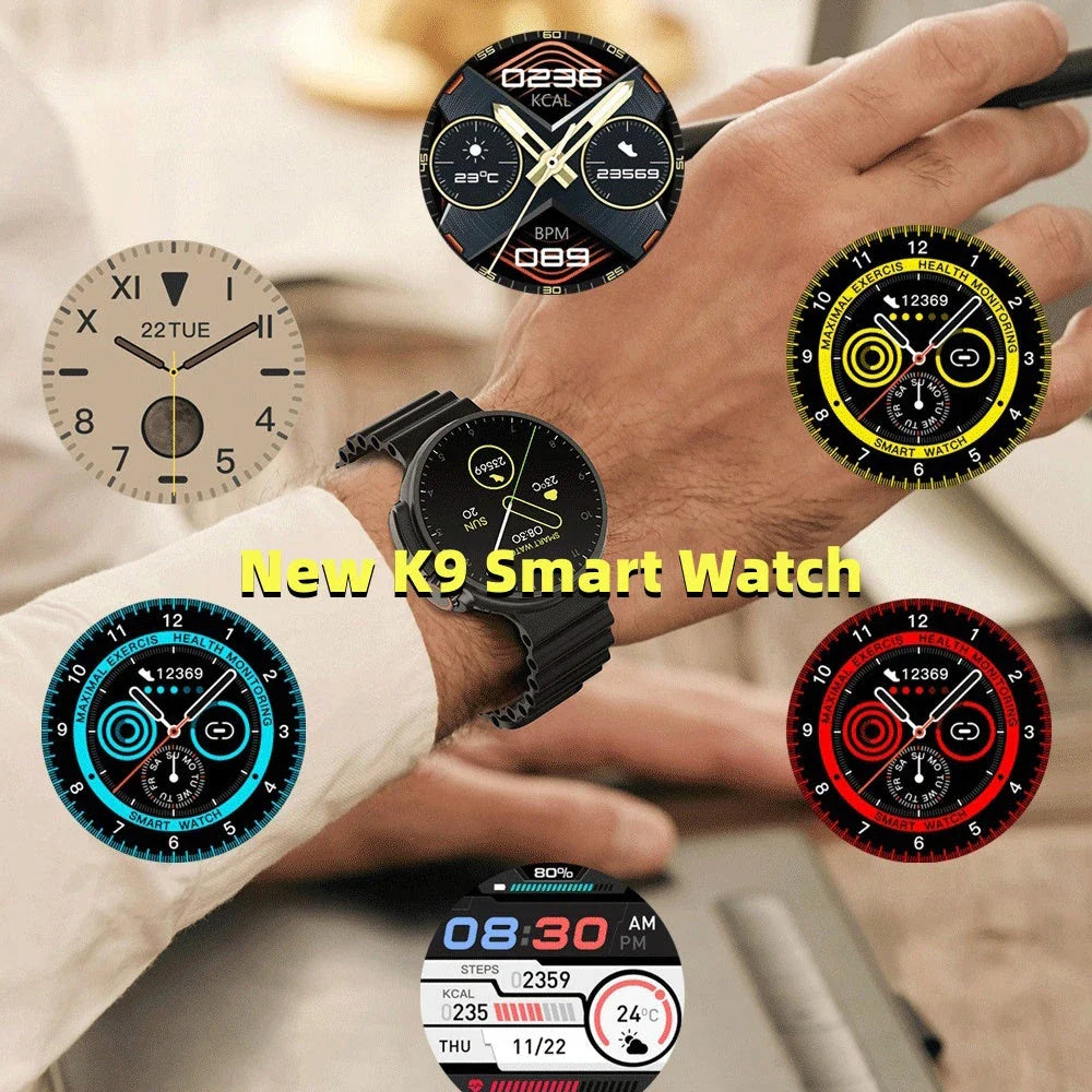 New K9 Smart Watch with 1.39-inch round screen, wireless charging, NFC payment, and comprehensive health monitoring features