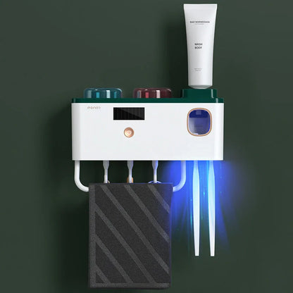 Multifunctional UV Germicidal Toothbrush Rack with magnetic cup and toothpaste squeezers