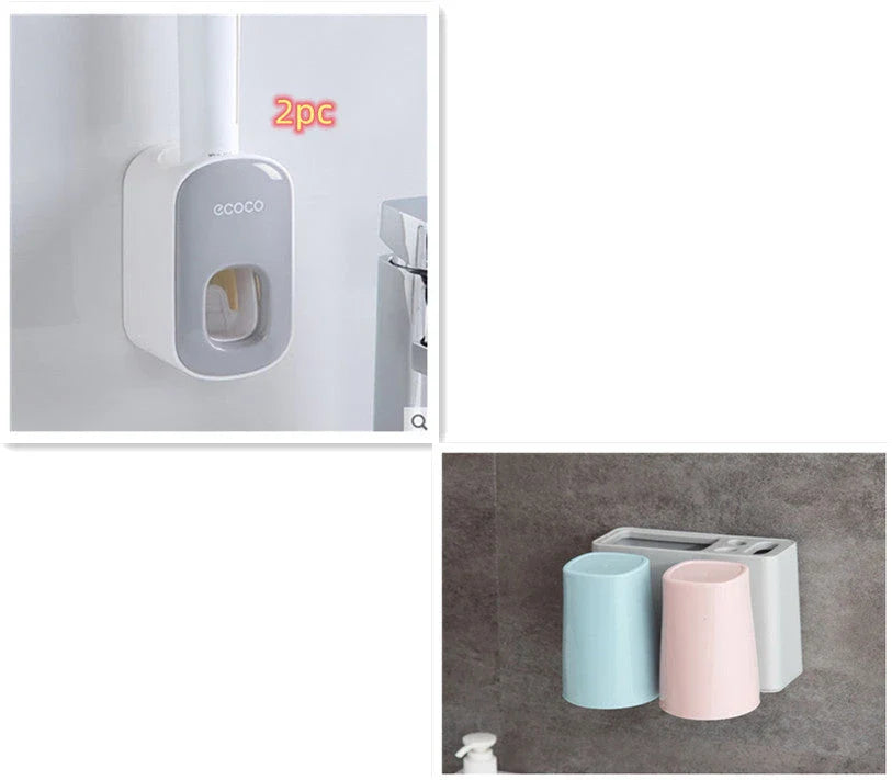 Wall-mounted automatic toothpaste dispenser with storage cups for toothbrush and bathroom accessories
