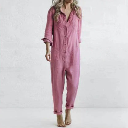 Women's loose fit long sleeve jumpsuit with pockets in various colors