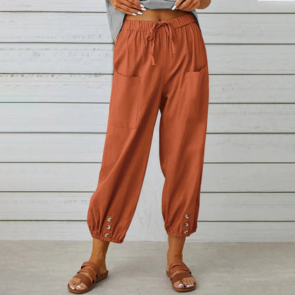 Women's cotton and linen drawstring tie pants with pockets, available in multiple colours and sizes.