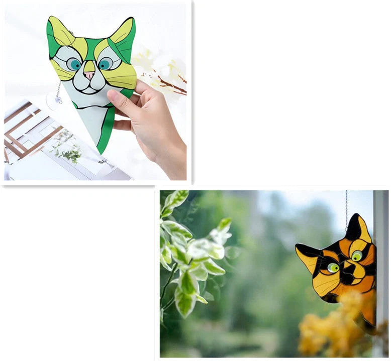 Colourful stained glass cat window hanger decoration, reusable PVC sticker