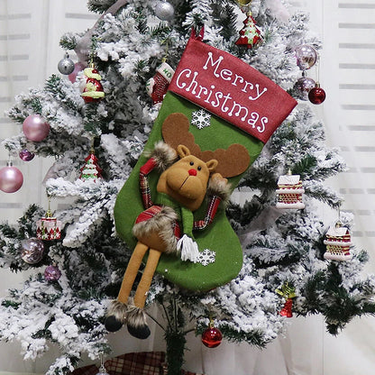 Extra-large Christmas stockings with 3D applique designs of Santa, Snowman, and Reindeer