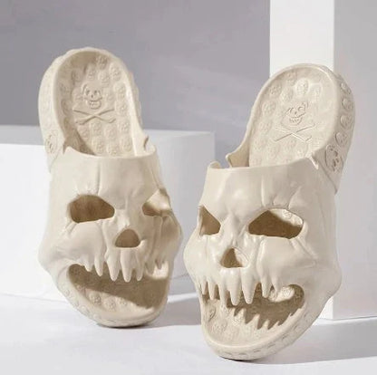 Spooky skull-designed slippers in various colors and sizes for indoor, outdoor, and beach wear
