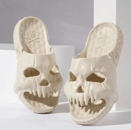 Spooky skull-designed slippers in various colors and sizes for indoor, outdoor, and beach wear