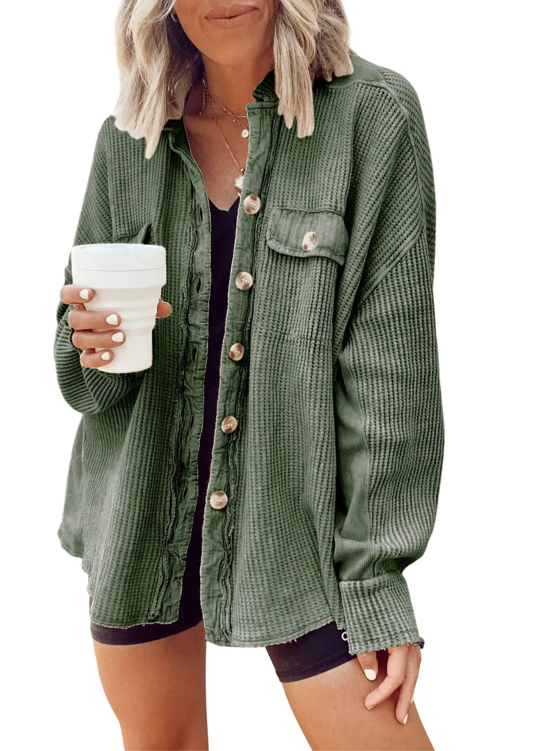 Women's button shirt jacket with lapel and long sleeves in various colours