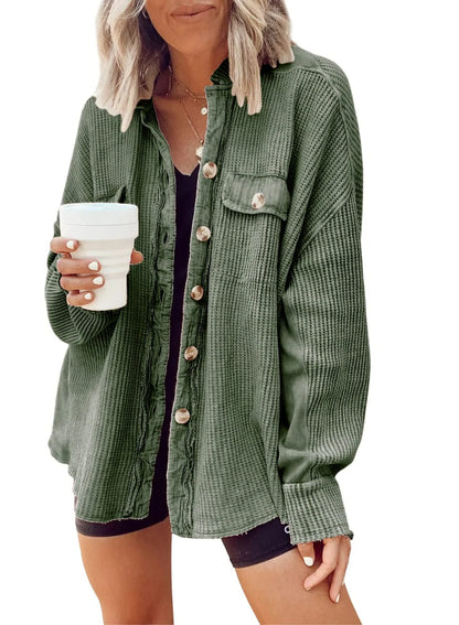 Women's button shirt jacket with lapel and long sleeves in various colours