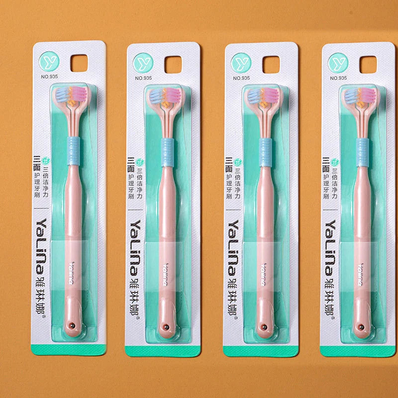 Soft bristle toothbrush with 3-sided brush head for thorough dental cleaning