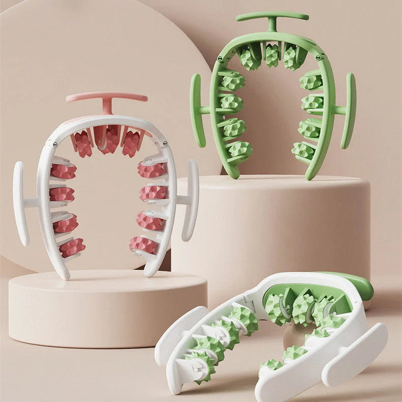 Manual round massager with 11 wheels for waist, buttocks, and thigh relief in white pink, white green, or green