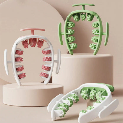 Manual round massager with 11 wheels for waist, buttocks, and thigh relief in white pink, white green, or green
