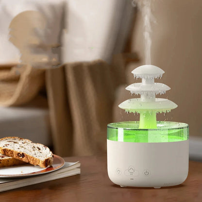 A white humidifier with a cloud-shaped design, featuring color-changing lights and essential oil diffuser capabilities.