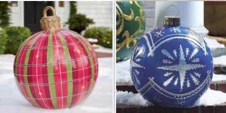 Inflatable Christmas baubles in various festive designs for outdoor holiday decoration