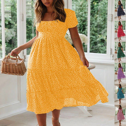 Elegant floral puff sleeve midi dress in various colours and patterns