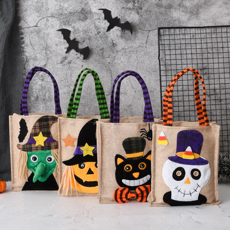 Halloween themed tote bag for kids featuring witch, skull, and pumpkin designs