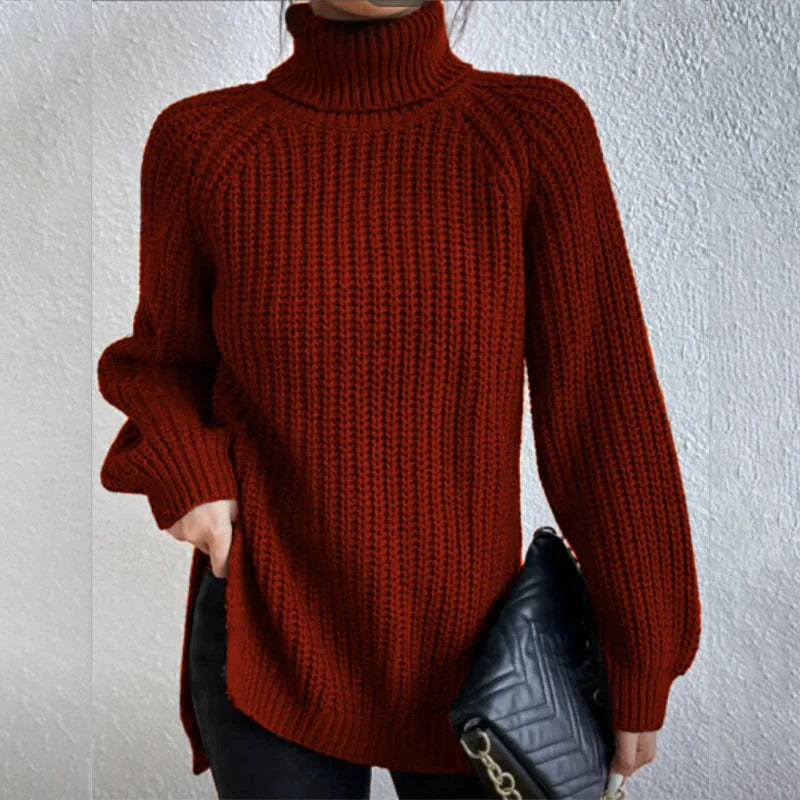 A stylish turtleneck pullover sweater with a unique split design, available in a variety of classic colours and sizes.
