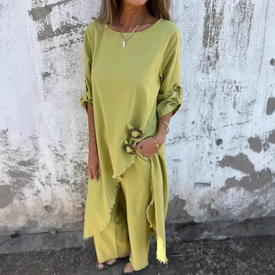 Women's loose irregular long suit set with geometric design and wide-leg trousers