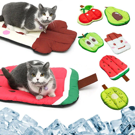 Ice Silk Pet Cooling Mat in various fruit designs for summer comfort