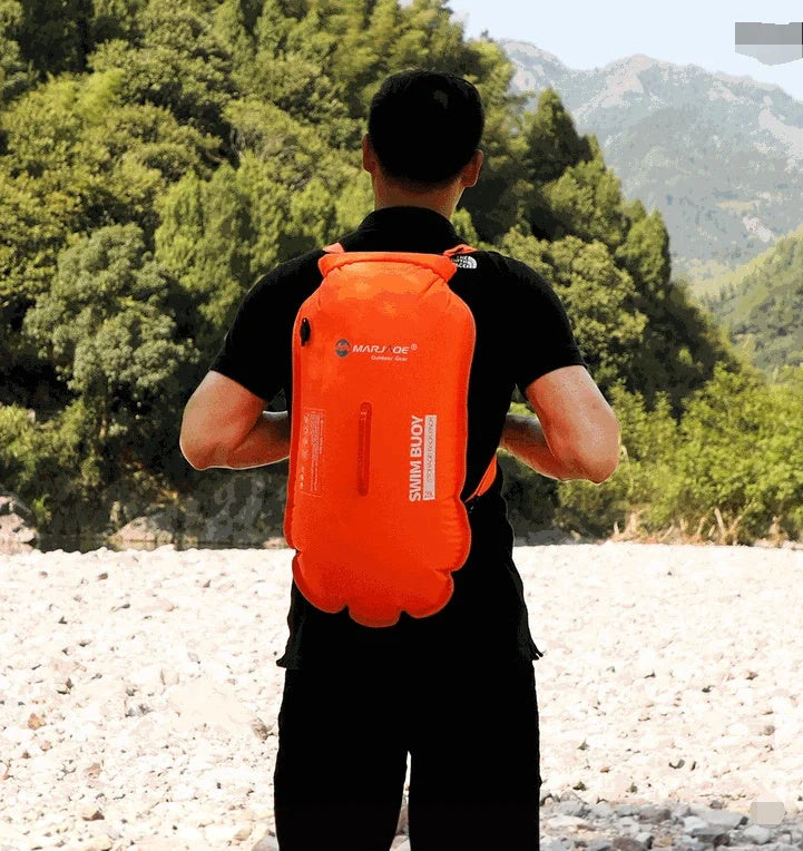 Double Airbag Swimming Buoy and Waterproof Backpack in fluorescent orange