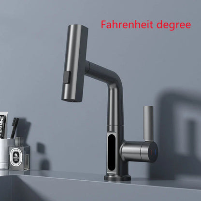 Versatile digital kitchen faucet with temperature display, 360-degree swivel, and pull-out design for enhanced maneuverability and precise water temperature control