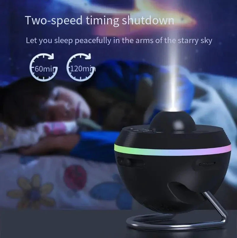 A dynamic galaxy projector that transforms any space into a captivating celestial display with 13 stunning film effects, motorized rotation, and adjustable color modes.