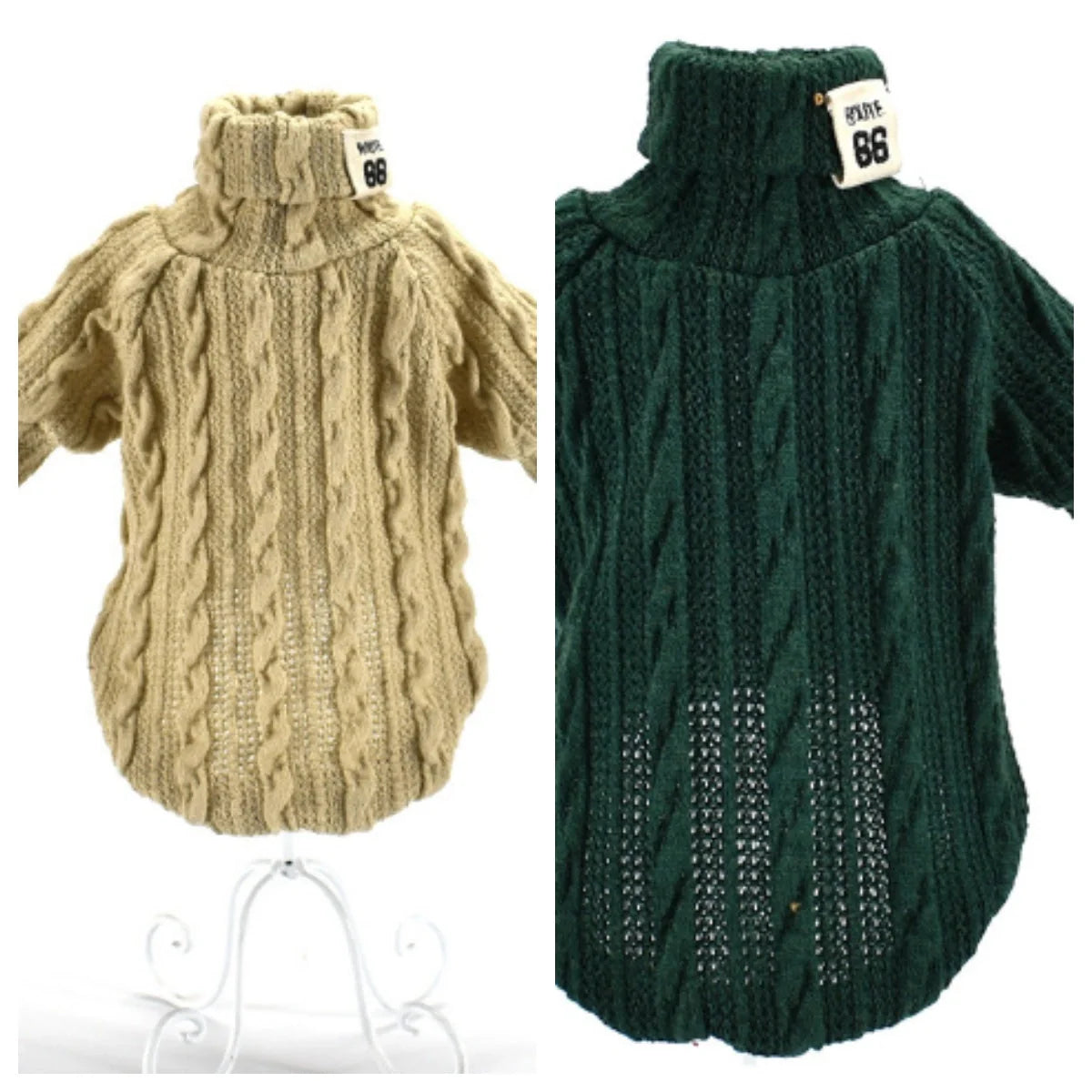 Dog wearing a warm acrylic turtleneck sweater in various colours, suitable for small to medium breeds.