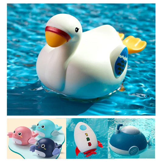 Charming wind-up bath toys featuring a goose and dolphin design, made of durable ABS plastic for safe and fun water play