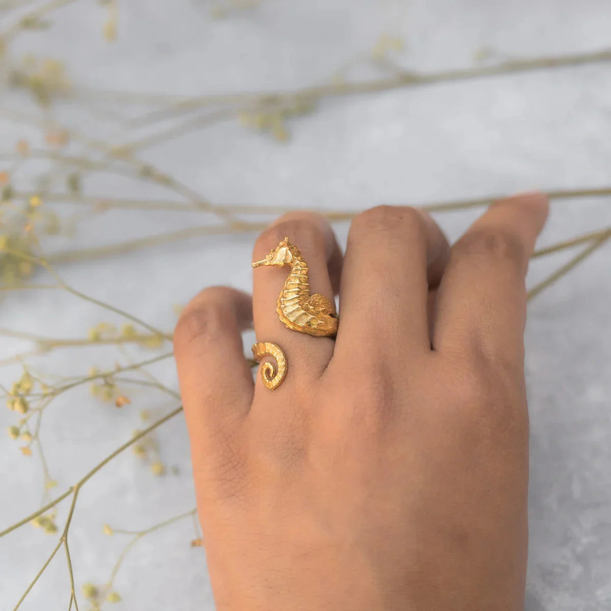 Elegant 18K gold plated seahorse ring for women, ocean themed jewellery
