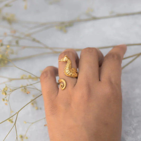 Elegant 18K gold plated seahorse ring for women, ocean themed jewellery