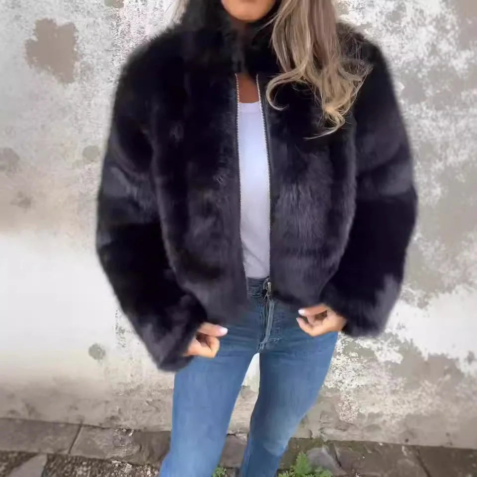 Women's winter stand collar zipper fleece jacket in faux fur, available in multiple colours
