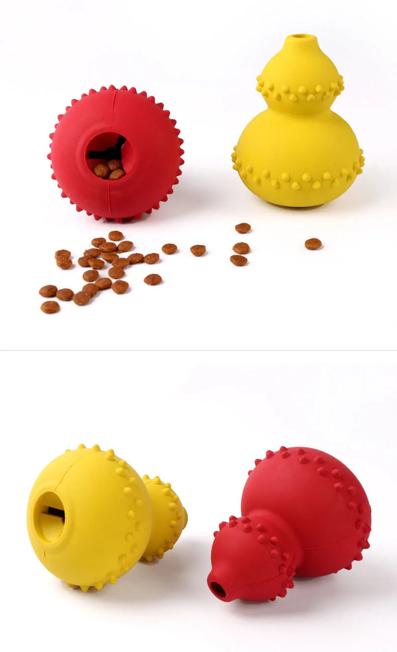 A durable, interactive dog toy made of natural rubber that dispenses treats as the dog plays with it