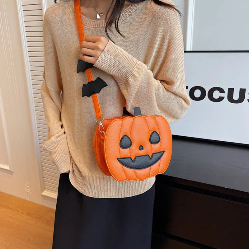 Stylish Halloween shoulder bag with pumpkin cartoon and bat design, available in various color options