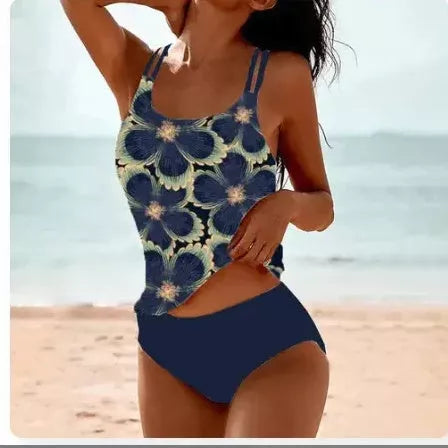 Vintage Printed Split High Waist Conservative Swimwear in black, pink, and grey green