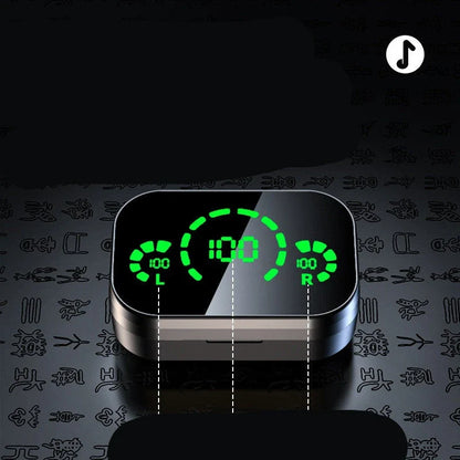 Wireless Bluetooth earbuds with digital display, showing different color and style options