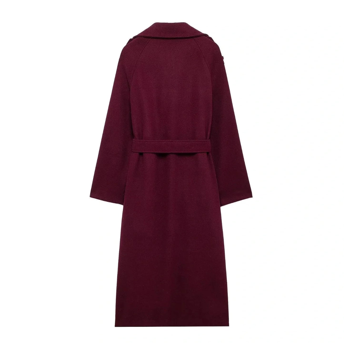 Women's wine red double-breasted woolen trench coat with belt, perfect for winter