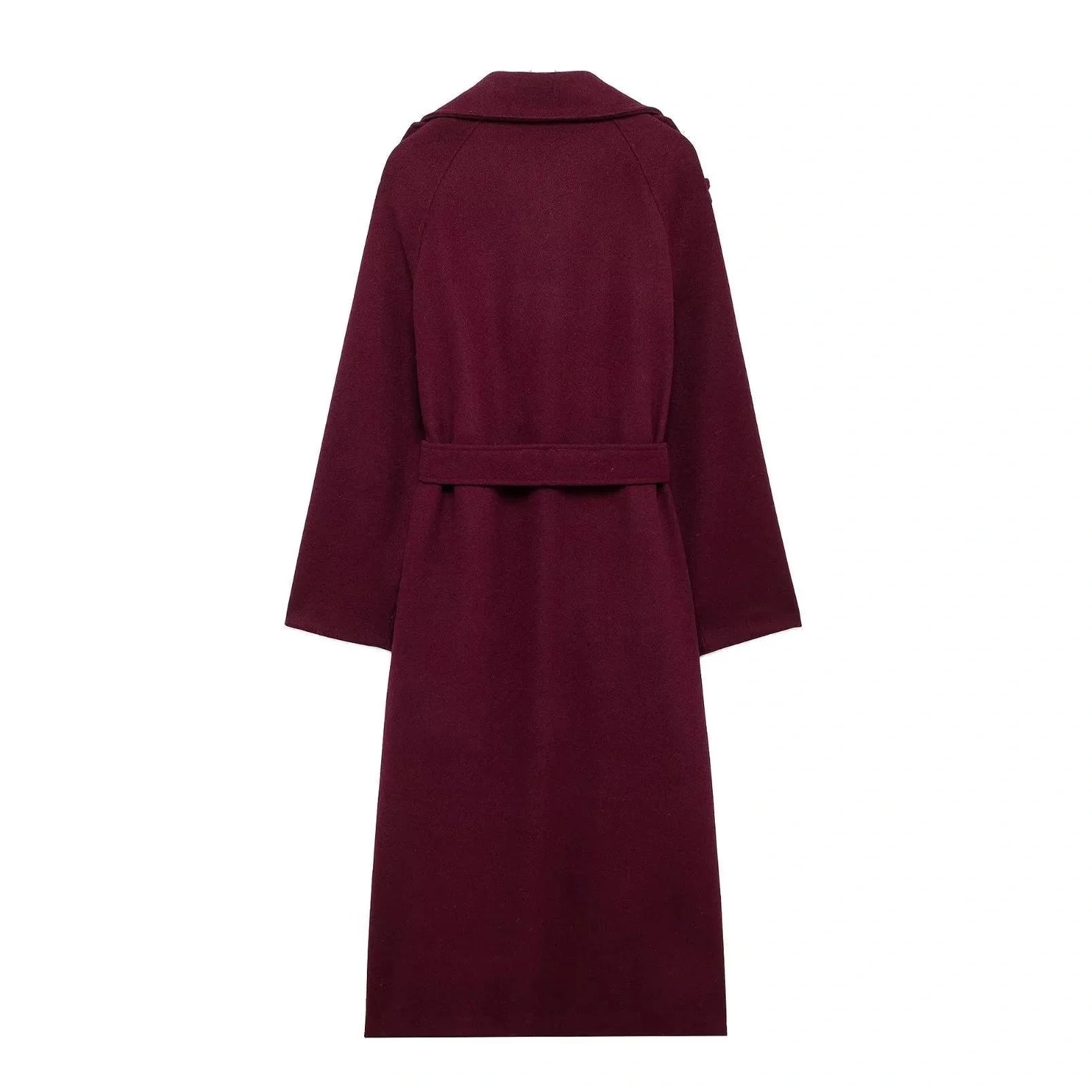Women's wine red double-breasted woolen trench coat with belt, perfect for winter