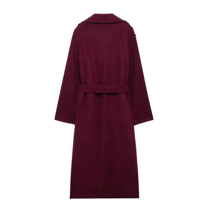 Women's wine red double-breasted woolen trench coat with belt, perfect for winter